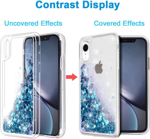 Miniatura 2 de Funda protectora para iPhone XR, diseño de doble capa, líquido flotante flotante con purpurina colorida en cascada de TPU, color azul