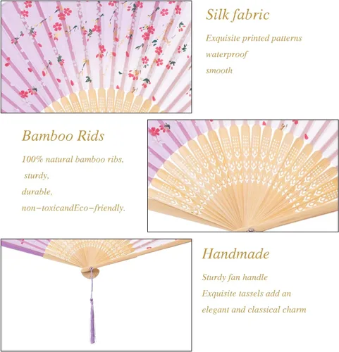 Miniatura 3 de QIRMIZI 10 ventiladores de mano, abanicos plegables de seda, abanicos plegables florales para cumpleaños, baile, cosplay, bodas, fiestas y eventos