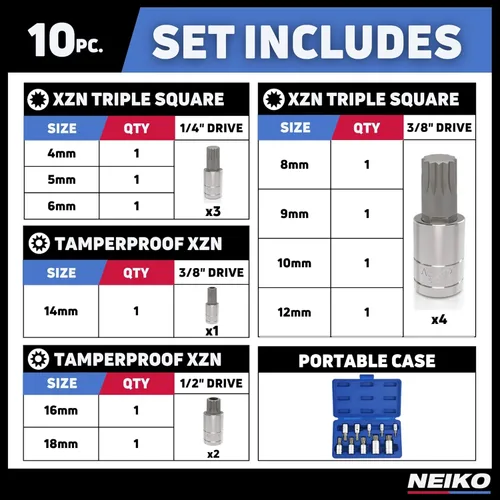 Miniatura 5 de NEIKO 10056A Juego de llaves de brocas de eje triple cuadrado XZN de 1/4 pulgada, 3/8 pulgada y 1/2 pulgada Juego de 10 piezas Envases Cr-V