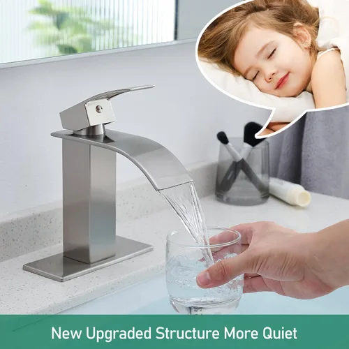 Miniatura 2 de VOTON Grifos de Baño Cascada Níquel Cepillado Modernos de Una Sola Manija Grifo de Lavabo para 1 o 3 Orificios con Placa de Cubierta y Desagüe