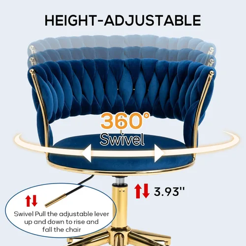Miniatura 6 de NIOIIKIT Silla de Escritorio de Terciopelo con Respaldo Tejido a Mano, Silla Giratoria de 360° y Altura Ajustable, Silla de Maquillaje, Sillas