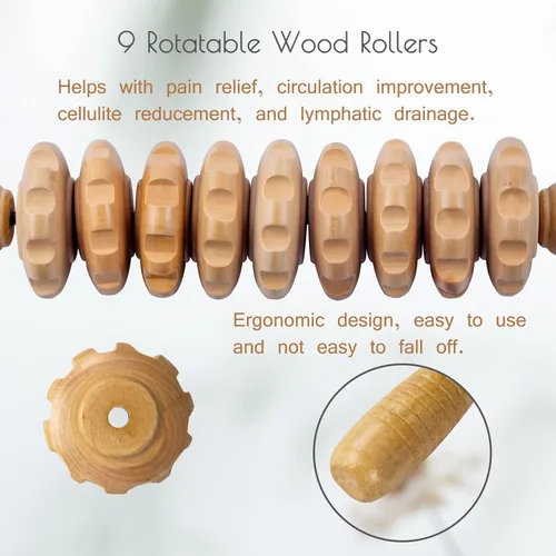 Miniatura 2 de Rodillo de masaje de madera para dar forma al cuerpo, rodillo de terapia de madera con 9 rodillos giratorios, herramienta de masaje anticelulítica