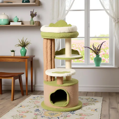 KAMABOKO Bonito árbol para gatos de 42.5 pulgadas, árbol verde para gatos de interior, torre estética para gatos con forro polar de peluche,