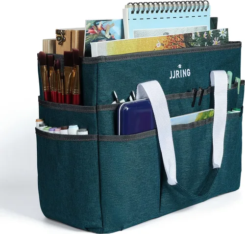 JJRING Bolsa Organizadora para Manualidades, Caddy Grande de Almacenamiento de Arte con Múltiples Bolsillos, Bolsa de Costura Azul Verdosa para