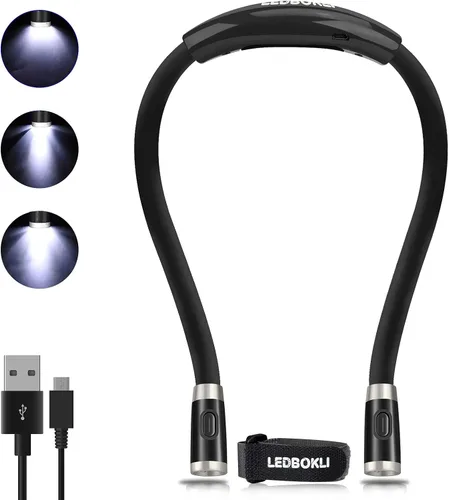 LEDBOLIK - Luz de lectura para el cuello negra, 660 mAh recargable para leer en la cama, 6 brillo, brazos flexibles, manos libres para tejer, 660mAh