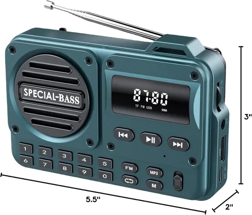 Miniatura 8 de Radio de bolsillo FM con carga USB-C, 2000 mAh, recargable, excelente recepción, altavoz transparente y conector para auriculares, pantalla LCD