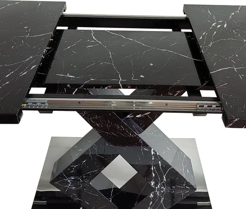Miniatura 6 de Mesa de comedor cuadrada moderna, de 47.24 a 62.99 pulgadas de largo, elástica, con estampado de mármol negro + patas de mesa en forma de X de MDF