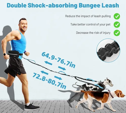 Miniatura 3 de VavoPaw Correa de perro manos libres para 2 perros con bolsa, correa de cintura para pasear perros, trotar, senderismo, correas retráctiles con asas