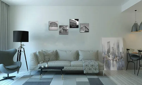 Miniatura 5 de NAN Wind Moderno lienzo de 4 paneles de arquitecturas en blanco y negro de giclée, pinturas de paisajes en lienzo de edificios de Roma, pinturas
