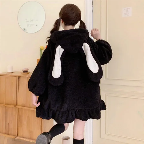 Miniatura 3 de Sudadera con capucha para mujer, con orejas de conejo, de manga larga, mullida, mullida, con capucha, abrigos