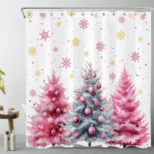 Miniatura 4 de EOBTAIN Cortina de ducha de hojas verdes de Navidad para baño, ramas de piña y abeto con bayas rojas sobre negro, cortina de ducha con 12 ganchos