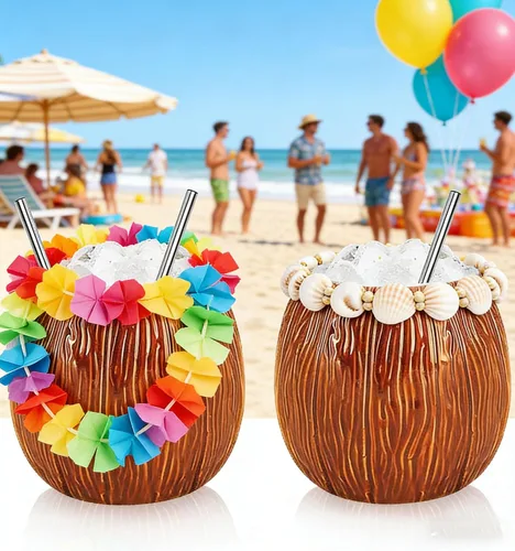 Miniatura 3 de LINALL Paquete de 4 tazas Tiki de cerámica de 17 onzas – Copas de cóctel de coco hawaiano para Mai Tai y piña colada, tazas Tiki duraderas, juego