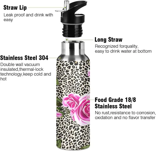 Miniatura 3 de Pink Roses Leopard Print Stainless Steel Vacuum Insulated Water Bottle 20 Oz Leakproof Water Bottles, BPA-Free Sport Water Bottle Insulated