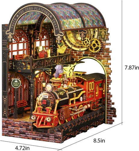 Miniatura 7 de Kit de rincón de libros, kit de bricolaje en miniatura de casa de muñecas con tren de vapor, rompecabezas de madera 3D para colgar libros con LED