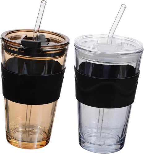 UPKOCH 2 unids vaso de cristal con popote y tapa elegante botella de agua para cerveza té café jugos agua azul restaurante uso