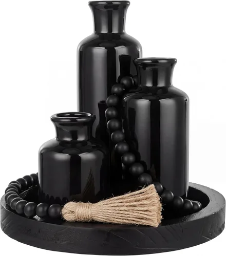 Juego de 5 piezas de centros de mesa rústicos de mesa, juego de 3 jarrones de cerámica boho con bandeja de madera para servir cuentas de madera,