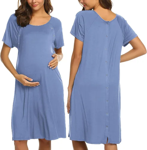 Ekouaer - Camisón con botones y manga corta para mujer, vestido para lactancia, parto, hospital y maternidad, tallas S-XXL