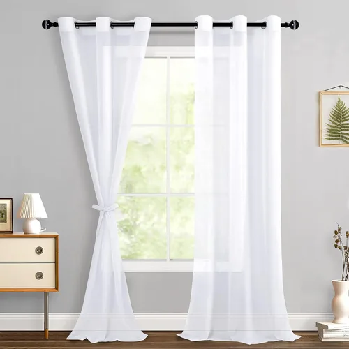 Miniatura 72 de Hiasan - Cortinas traslúcidas de gasa cortas semitransparentes con ojales y alzapaños filtrantes de luz para ventana, dormitorio, baño, 2 paneles