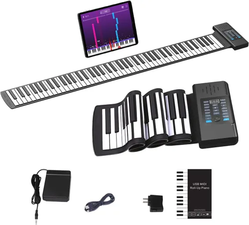 KONIX Piano enrollable de 88 teclas, teclado portátil recargable mejorado, 128 ritmos, 128 tonos, teclado desplegable con pantalla LED, función