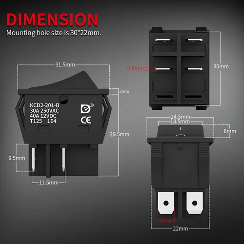 Miniatura 2 de DaierTek DPST KCD4 Interruptor basculante 40A 12V DC 4 Pin 2 Interruptor de palanca de encendido y apagado 30A 250V AC 120V T125 KCD2 Interruptor
