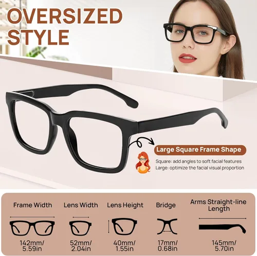 Miniatura 3 de Gafas de lectura grandes para mujer, diseño cuadrado grueso de moda, bisagra de resorte 1.0 1.25 1.5 1.75 2.0 a 4.0 5.0 6.0
