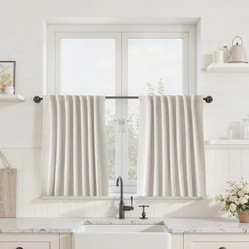 UHITECH Cortinas cortas de lino de 24 pulgadas de largo para ventanas pequeñas de granja, cortinas opacas modernas para sala de estar, pestañas