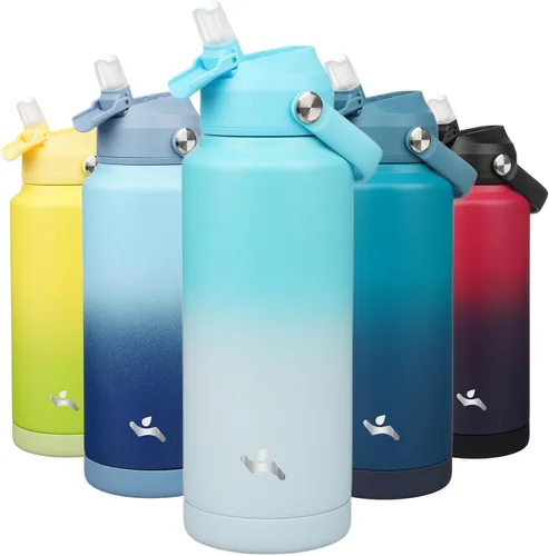 Miniatura 22 de Konokyo Botella de agua aislada con tapa de pajilla, botella de metal al vacío de acero inoxidable de 18 onzas con mango de silicona, color negro