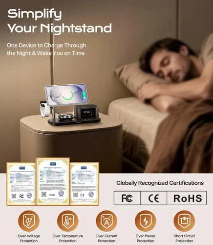 Miniatura 9 de Meifigno Estación de carga 5 en 1 de 25 W para Galaxy S26 Ultra con altavoz Bluetooth, reloj despertador, luz nocturna, cargador inalámbrico