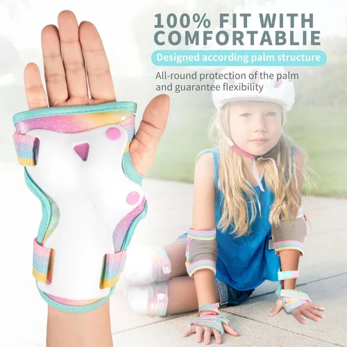 Miniatura 3 de SULIFEEL Rodilleras de arcoíris y unicornio para niños, coderas, muñequeras con bolsa de cordón, juego de equipo de protección ajustable para niñas