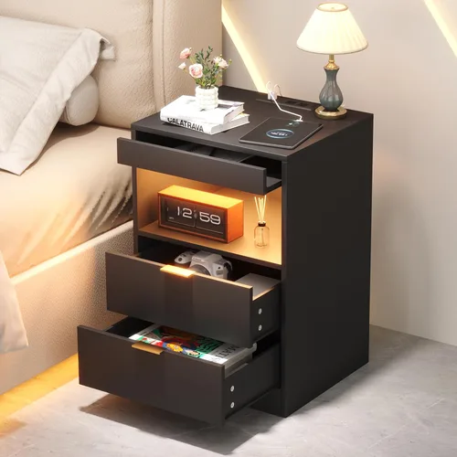 Miniatura 3 de Yusong Mesita de Noche, Mesa de Noche, Mesita LED con Estación de Carga, Mesita Moderna, Mesa de Sofá de Madera con 2 Estantes Deslizantes (Negro)