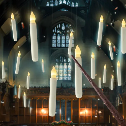Homemory Velas flotantes colgantes con varita remota y cuerda, 12 velas LED voladoras sin llama, luz blanca cálida, velas de ventana a pilas con Luz