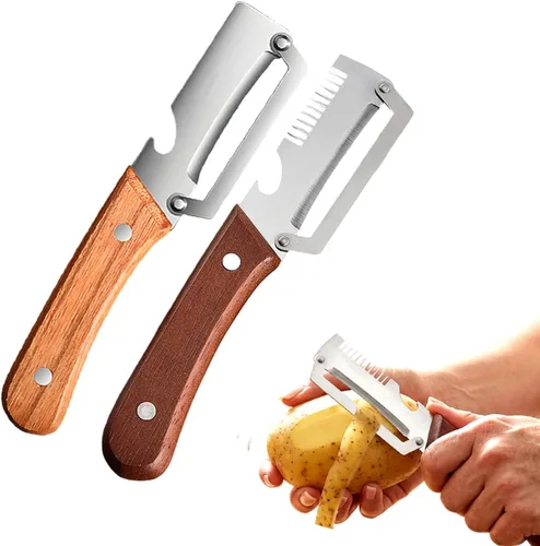 Miniatura 12 de Cuchillo pelador de frutas grueso multifuncional de acero inoxidable para cocina, hoja ultraafilada con mango de madera y abridor de botellas