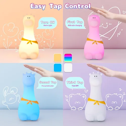 Miniatura 4 de Luz nocturna de silicona para niños – Lámpara recargable con control táctil y 8 colores, lindo diseño de animales para habitación infantil
