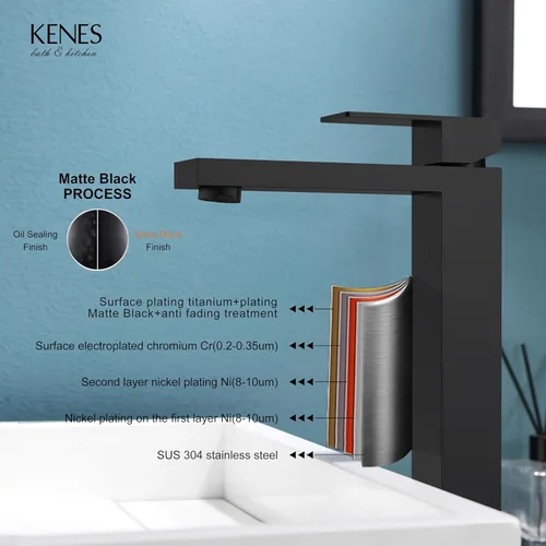Miniatura 7 de KENES Grifo de Baño Negro Mate de Una Sola Manija Grifo Alto para Lavabo Tipo Vasija Grifo de Baño de Tocador Mezclador de Lavabo con Manguera