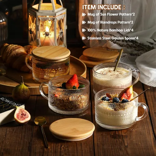 Miniatura 2 de Juego de 4 tazas de café vintage, regalos para mujeres, recipientes de avena durante la noche con tapas y cucharas de bambú, tazas de vidrio