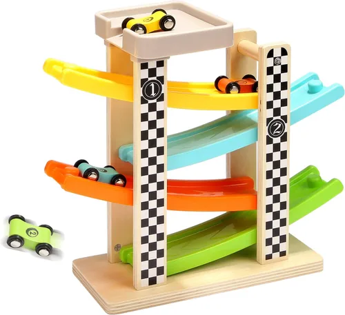 Juguetes para niños de 1 a 2 años, regalos para niños y niñas, pista de carreras de madera, carrera, carrera, carrera, carrera, carrera, con 4 mini