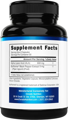 Miniatura 2 de Ácido alfa lipoico de 600 mg por porción, 60 cápsulas, potente antioxidante para neuropatía y salud cardiovascular (suplemento ALA) - Probado por