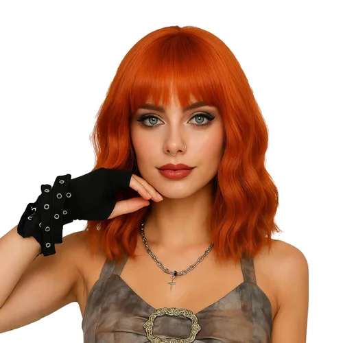 LABEAUTÉ Peluca corta ondulada de color naranja jengibre con flequillo para mujer, resistente al calor, longitud del hombro, pelucas rizadas para