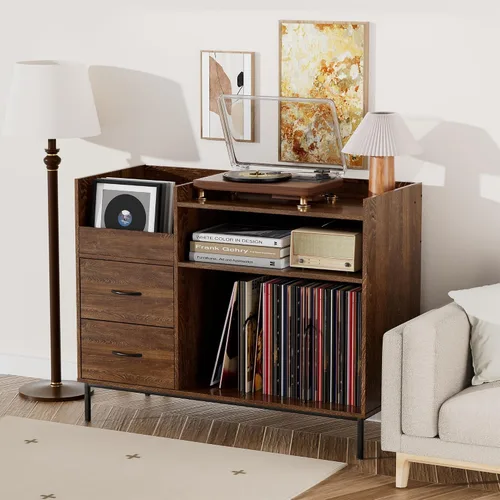 Soporte para tocadiscos con almacenamiento para más de 500 álbumes, estante y cajones modernos de mediados de siglo, consola de audio de madera y