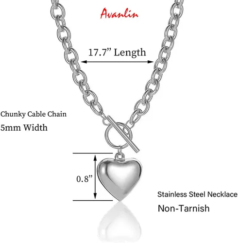 Miniatura 3 de Collar con dije de corazón de acero inoxidable plateado, gargantilla con dije de cadena de cable, joyería para mujeres y niñas