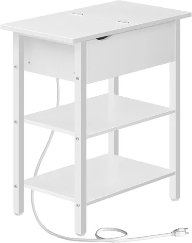 Miniatura 10 de HOOBRO - Mesa auxiliar lateral, mesa de centro abatible con estación de carga y estantes, puertos USB y tomas de corriente, mesita de noche estrecha