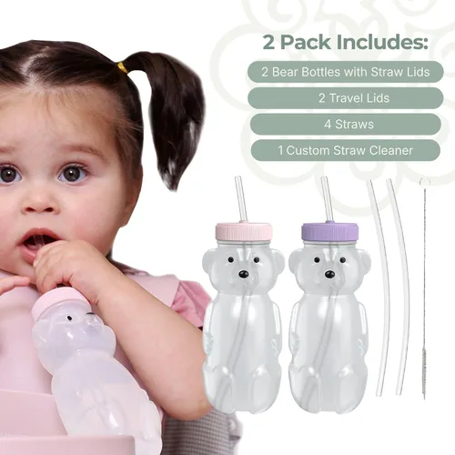 Miniatura 6 de The 730 Project Oso de Miel Taza con Pajita para Bebés, Taza Oso de Miel de 8 oz con Cepillo para Botella, Pack de 2 Tazas de Terapia de Aprendizaje