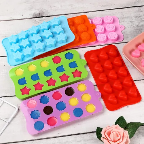 Miniatura 4 de FIRETREESILVERFLOWER Juego de moldes de chocolate con forma de flor, corazón, estrellas, rosa, flores en combinación, molde de silicona para hornear