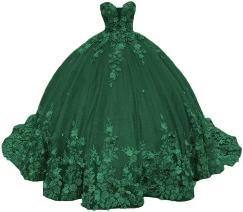 XYAYE Women's Sweetheart Quinceanera Dresses Ball Gowns 3D Flower Lace Prom Dress Strapless Tulle Sweet 15 16 Dress XY071