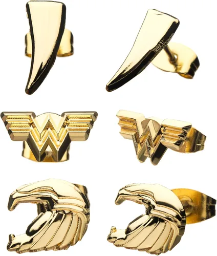 DC Comics Wonder Woman Pendientes de acero inoxidable bañados en oro 3 juegos. Color Oro. Talla única., Metal no precioso., No es una piedra preciosa