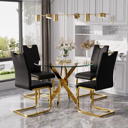 Miniatura 10 de Juego de mesa de comedor redonda moderna de vidrio de 36 pulgadas para 2, mesa de comedor de vidrio con patas cruzadas de metal, mesa de cocina