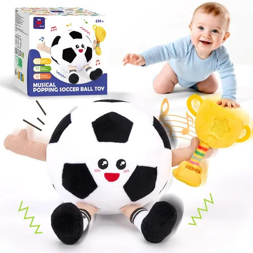 hahaland Juguete musical de fútbol para bebés de 6 a 9 a 12 meses, juguetes de pelota de felpa para el tiempo boca abajo, juguete eléctrico para