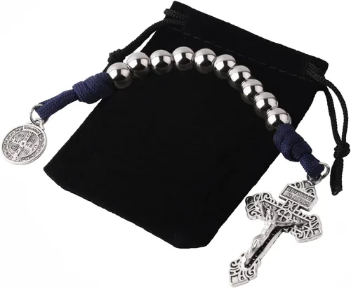 Rosario de bolsillo estilo abierto una década de acero inoxidable rosario católico con crucifijo medalla de San Benito con bolsa de regalo
