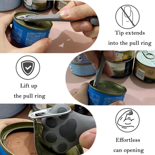 Miniatura 3 de Cuchara para Latas de Comida para Mascotas y 3 Tapas para Latas Espátula Abridor con Forma de Pata Linda Cuchara para Comida Húmeda de Gato Gris