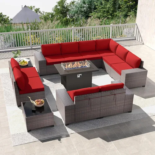 Miniatura 72 de Kullavik Juego de 13 muebles de patio al aire libre con mesa de fogata de gas propano de 43 pulgadas, 55000 BTU, mimbre de polietileno, sofá Arena